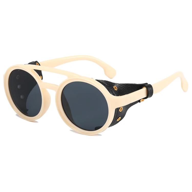 Cairo Unisex Retro Round Leather Shield UV400 Sunglasses